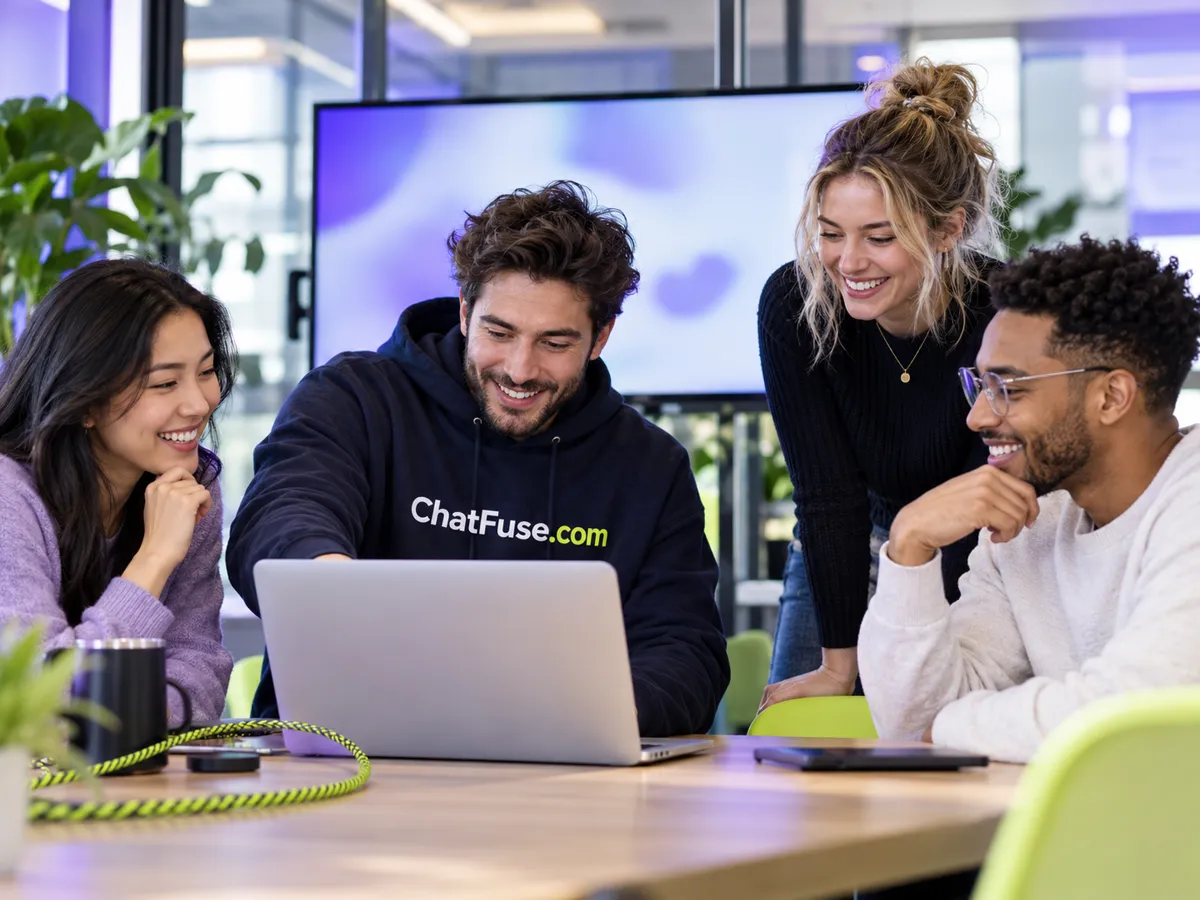 Four colleagues around a laptop, one wearing a ChatFuse.com hoodie