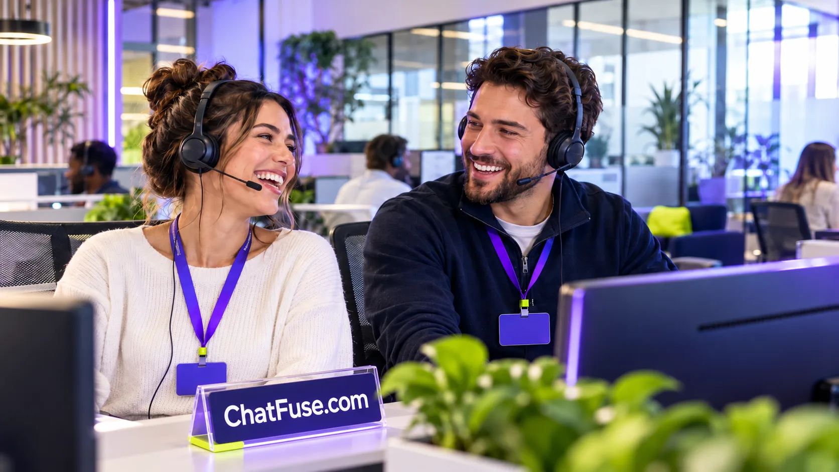 Two headset-wearing support colleagues talking in a bright office