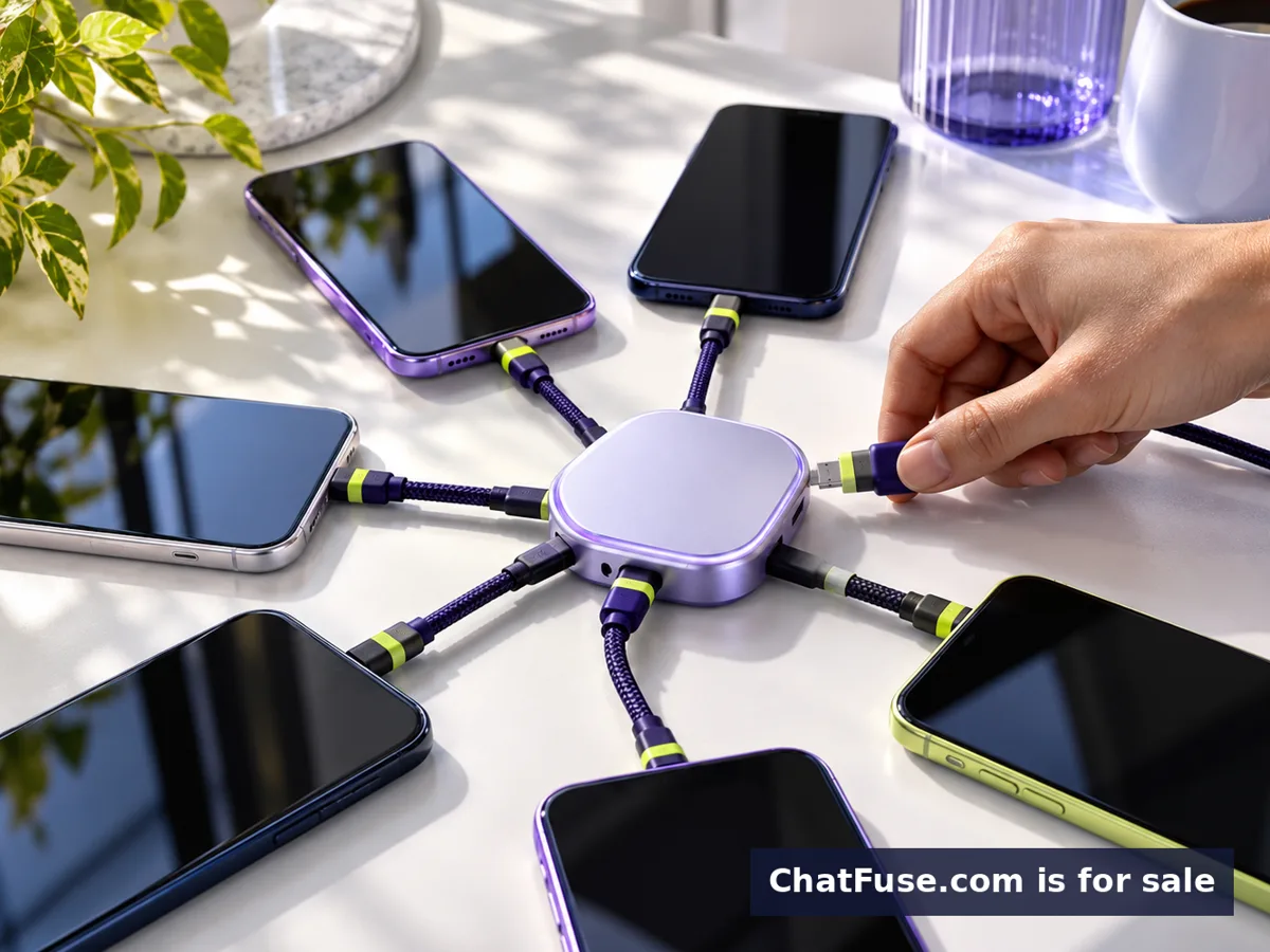 Several phones connected to a central hub; small ChatFuse.com is for sale watermark