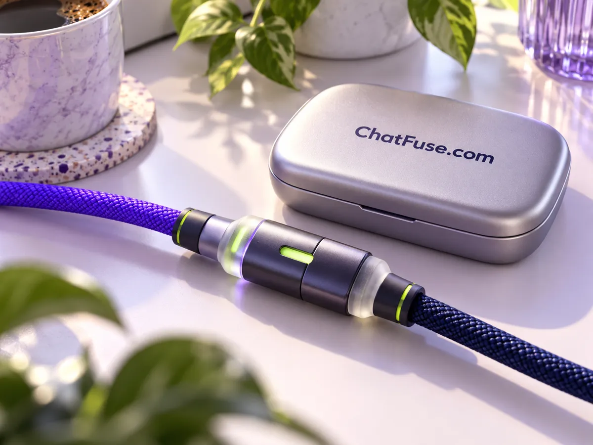 A braided cable connector beside a metal case labeled ChatFuse.com